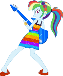 Size: 3000x3631 | Tagged: safe, artist:cloudyglow, character:rainbow dash, equestria girls:spring breakdown, g4, my little pony: equestria girls, my little pony:equestria girls, spoiler:eqg series (season 2), .ai available, all good (song), clothing, cute, dashabetes, dress, electric guitar, feet, female, guitar, headband, heel pop, high res, looking back, musical instrument, rear view, sandals, simple background, singing, sleeveless, smiling, solo, transparent background, vector
