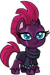 Size: 1009x1500 | Tagged: safe, artist:cloudyglow, character:fizzlepop berrytwist, character:tempest shadow, species:pony, species:unicorn, my little pony:pony life, broken horn, chibi, clothing, cute, eye scar, female, horn, mare, robe, scar, scarf, simple background, smiling, solo, tempestbetes, transparent background