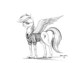 Size: 1200x978 | Tagged: safe, artist:baron engel, character:rainbow dash, species:pegasus, species:pony, aviator glasses, backwards cutie mark, clothing, colored hooves, female, glasses, grayscale, looking at you, mare, monochrome, pencil drawing, simple background, sketch, smiling, solo, sunglasses, traditional art, uniform, white background, wonderbolts dress uniform