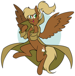 Size: 1200x1210 | Tagged: safe, artist:egophiliac, oc, oc only, oc:threnody, species:pegasus, species:pony, fallout equestria, blaze (coat marking), clothing, coat, fallout equestria: speak, fanfic art, female, happy, palindrome get, simple background, smiling, solo, spread wings, transparent background, wings