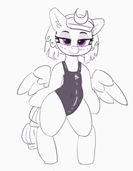 Size: 2631x3389 | Tagged: safe, artist:pabbley, character:somnambula, species:pegasus, species:pony, g4, bedroom eyes, bipedal, clothing, cute, ear fluff, female, high res, human shoulders, humanoid torso, mare, one-piece swimsuit, semi-anthro, solo, somnambetes, sukumizu, swimsuit