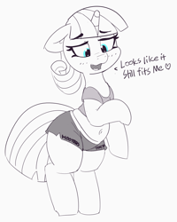 Size: 2748x3429 | Tagged: safe, artist:pabbley, character:twilight velvet, species:pony, species:unicorn, belly button, bipedal, clothing, cute, dialogue, embarrassed, female, floppy ears, hooters, mare, solo, velvetbetes