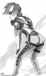 Size: 1000x1655 | Tagged: safe, artist:johnjoseco, character:rainbow dash, species:human, ass, butt, clothing, cosplay, costume, crossover, female, grayscale, humanized, monochrome, overwatch, rainbow tracer, rainbutt dash, solo, tracer