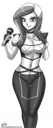 Size: 700x1664 | Tagged: safe, artist:johnjoseco, character:princess cadance, species:human, belly button, breasts, choker, cleavage, clothing, cosplay, costume, female, grayscale, humanized, k/da, kai'sa, league of legends, microphone, monochrome, solo, tight clothing