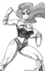 Size: 1100x1726 | Tagged: safe, artist:johnjoseco, character:princess celestia, species:human, armpits, breasts, clothing, cosplay, costume, crossover, cutie mark on human, female, grayscale, humanized, lasso, lasso of truth, monochrome, muscles, muscular female, princess musclestia, rope, solo, wonder woman