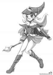 Size: 1000x1411 | Tagged: safe, artist:johnjoseco, character:trixie, species:human, anime, breasts, cleavage, dark magician girl, female, grayscale, humanized, magic wand, monochrome, simple background, solo, wand, white background, yu-gi-oh!