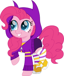 Size: 1268x1500 | Tagged: safe, artist:cloudyglow, character:pinkie pie, species:earth pony, species:pony, barbara gordon, batgirl, clothing, costume, cute, dc superhero girls, diapinkes, female, grin, happy, simple background, smiling, solo, transparent background
