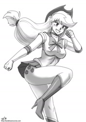 Size: 1000x1415 | Tagged: safe, artist:johnjoseco, character:applejack, species:human, boots, breasts, busty applejack, clothing, cosplay, costume, crossover, cutie mark on human, female, high heel boots, humanized, legs, open mouth, sailor moon, sailor uniform, schrödinger's pantsu, shoes, simple background, solo, thighs, uniform, white background