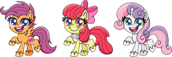 Size: 2959x1000 | Tagged: safe, artist:cloudyglow, character:apple bloom, character:scootaloo, character:sweetie belle, species:earth pony, species:pegasus, species:pony, species:unicorn, my little pony:pony life, adorabloom, chibi, cute, cutealoo, cutie mark crusaders, diasweetes, female, goldie delicious' scarf, happy, mare, older, older apple bloom, older cmc, older scootaloo, older sweetie belle, open mouth, raised hoof, simple background, smiling, transparent background, unshorn fetlocks