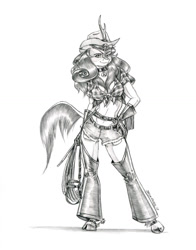 Size: 1000x1275 | Tagged: safe, artist:baron engel, character:autumn blaze, species:anthro, species:kirin, species:unguligrade anthro, belly button, belt, breasts, bridle, busty autumn blaze, chaps, cleavage, clothing, collar, cowboy hat, cowgirl, cowgirl outfit, daisy dukes, female, front knot midriff, gloves, hand on hip, hat, implied autumnjack, legs, midriff, monochrome, pencil drawing, pet tag, reins, rope, sexy, shorts, simple background, sketch, solo, spurs, stetson, tack, thighs, traditional art, white background