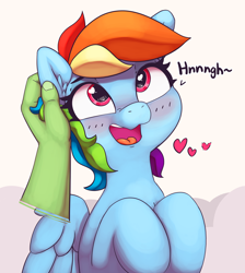 Size: 2432x2711 | Tagged: safe, artist:pabbley, character:rainbow dash, oc, oc:anon, species:human, species:pegasus, species:pony, blushing, cute, dashabetes, disembodied hand, ear scratch, event horizon of cuteness, floating heart, hand, happy, heart, heart eyes, human on pony petting, moaning, moaning in pleasure, offscreen character, offscreen human, open mouth, petting, wingding eyes