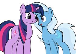Size: 600x432 | Tagged: safe, artist:dekomaru, character:trixie, character:twilight sparkle, species:pony, species:unicorn, ship:twixie, cropped, female, lesbian, looking at each other, mare, shipping, simple background, smiling, white background
