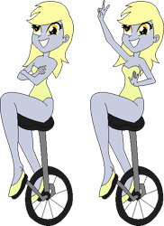 Size: 399x547 | Tagged: safe, artist:erichgrooms3, artist:selenaede, base used, character:derpy hooves, my little pony:equestria girls, alternate hairstyle, arms folded, bare arms, bare shoulders, big grin, clothing, cute, derp, female, grin, happy, legs, leotard, peace sign, raised arm, sexy, shoes, simple background, smiling, solo, this will end in tears, transparent background, unicycle, vector