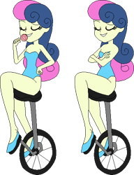 Size: 422x550 | Tagged: safe, artist:erichgrooms3, artist:selenaede, base used, character:bon bon, character:sweetie drops, my little pony:equestria girls, adorabon, arms folded, bare arms, bare shoulders, candy, clothing, cute, eating, eyes closed, female, food, hand on hip, legs, leotard, licking, lollipop, sexy, shoes, simple background, sitting, smiling, solo, tongue out, transparent background, unicycle, vector