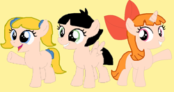Size: 952x506 | Tagged: safe, artist:mlpfinisthebest222, artist:selenaede, artist:twidashfan1234, base used, species:earth pony, species:pegasus, species:pony, species:unicorn, blossom (powerpuff girls), bow, bubbles (powerpuff girls), buttercup (powerpuff girls), cartoon network, crossover, female, filly, ponified, powerpuff girls 2016, the powerpuff girls
