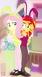 Size: 467x854 | Tagged: safe, artist:dm29, edit, editor:bandgeek32, character:fluttershy, character:sunset shimmer, my little pony:equestria girls, bunny suit, clothing, color edit, colored, pantyhose