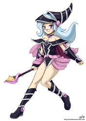 Size: 1000x1411 | Tagged: safe, artist:johnjoseco, colorist:lanceomikron, edit, character:trixie, species:human, alternate color palette, anime, clothing, color edit, colored, cosplay, costume, dark magician girl, female, humanized, magi magi magician gal, magic wand, palette swap, recolor, simple background, solo, wand, white background, yu-gi-oh!