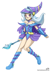 Size: 1000x1411 | Tagged: safe, artist:johnjoseco, colorist:lanceomikron, edit, character:trixie, species:human, anime, breasts, cleavage, clothing, color edit, colored, cosplay, costume, cute, dark magician girl, diatrixes, female, humanized, legs, magic wand, palette swap, recolor, simple background, solo, wand, white background, yu-gi-oh!