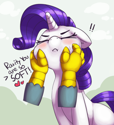 Size: 2562x2796 | Tagged: safe, artist:pabbley, character:gabby, character:rarity, species:griffon, species:pony, species:unicorn, :c, >:c, abstract background, blushing, cheek pinch, cheek squish, cheeks, cute, dialogue, disembodied hand, duo, duo female, exclamation point, eyes closed, female, frown, grabbing, hand, heart, high res, mare, offscreen character, pov, raribetes, rarity is a marshmallow, rarity is not amused, sitting, soft, squishy cheeks, unamused