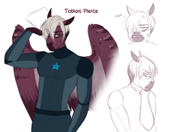 Size: 3300x2550 | Tagged: safe, artist:askbubblelee, oc, oc only, oc:tobias pierce, species:anthro, species:pegasus, species:pony, species:unguligrade anthro, anthro oc, armor, clothing, grumpy, hair over one eye, male, royal guard, simple background, solo, stallion