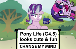 Size: 1024x662 | Tagged: safe, artist:aleximusprime, edit, character:starlight glimmer, character:twilight sparkle, character:twilight sparkle (alicorn), species:alicorn, species:pony, species:unicorn, episode:marks for effort, g4, my little pony: friendship is magic, my little pony:pony life, :i, calarts, change my mind, coffee mug, crossing the memes, cute, exploitable meme, female, floppy ears, i mean i see, looking at you, magic, mare, meme, mug, op has an opinion, pony life drama, solo, steven crowder, telekinesis, tree