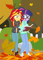 Size: 900x1250 | Tagged: safe, artist:dm29, character:sunset shimmer, character:twilight sparkle, character:twilight sparkle (scitwi), species:eqg human, my little pony:equestria girls, autumn, book, commission, cute, duo, falling leaves, female, leaves, patreon commission, shimmerbetes, tree, twiabetes
