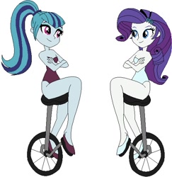 Size: 559x576 | Tagged: safe, artist:erichgrooms3, artist:selenaede, base used, editor:thomasfan45, character:rarity, character:sonata dusk, species:human, my little pony:equestria girls, arms folded, bare arms, bare shoulders, barrette, clothing, cute, dat boi, disguise, disguised siren, duo, female, flats, happy, legs, leotard, looking at each other, ponytail, raribetes, sexy, shoes, simple background, sitting, smiling, sonatabetes, unicycle, vector, white background
