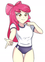 Size: 1369x1876 | Tagged: safe, artist:sumin6301, character:apple bloom, my little pony:equestria girls, breasts, busty apple bloom, clothing, female, looking at you, shorts, simple background, smiling, solo, white background