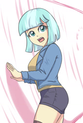 Size: 1336x1959 | Tagged: safe, artist:sumin6301, character:coco pommel, my little pony:equestria girls, clothing, equestria girls-ified, female, jacket, looking at you, open mouth, shorts, simple background, white background