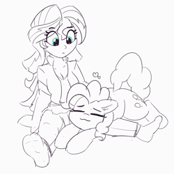 Size: 3788x3785 | Tagged: safe, artist:pabbley, character:pinkie pie, character:sunset shimmer, species:earth pony, species:human, species:pony, my little pony:equestria girls, clothing, cute, duo, feet, female, heart, lineart, lying on top of someone, mare, partial color, prone, simple background, socks, sploot, white background
