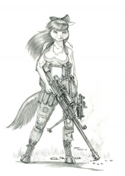 Size: 1000x1401 | Tagged: safe, artist:baron engel, character:apple bloom, species:anthro, species:unguligrade anthro, breasts, busty apple bloom, clothing, digital art, fallout, female, gepard gm6, grayscale, gun, monochrome, older, older apple bloom, pencil drawing, rifle, sketch, sniper rifle, solo, story in the source, submachinegun, traditional art, weapon
