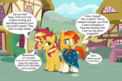Size: 3000x2000 | Tagged: safe, artist:boneswolbach, artist:cloudyglow, artist:famousmari5, edit, editor:wild stallions, character:sunburst, character:sunset shimmer, species:pony, species:unicorn, comic:the first incestuous foal of sunset shimmer, ship:shimmerburst, brother and sister, clothing, description is relevant, dialogue, edited edit, embarrassed, explicit description, female, flirting, glasses, incest, male, ponyville, pregnant, robe, shipping, siblings, speech bubble, straight, sunburst's robe, suncest shimmer, sunny siblings, sunset preggers, vector