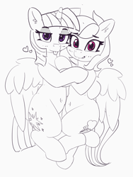 Size: 3001x3989 | Tagged: safe, artist:pabbley, character:rainbow dash, character:twilight sparkle, character:twilight sparkle (alicorn), species:alicorn, species:pegasus, species:pony, ship:twidash, bedroom eyes, belly button, blep, blushing, female, heart, hug, lesbian, looking at you, mare, monochrome, neo noir, partial color, shipping, snuggling, tongue out