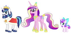 Size: 4275x2025 | Tagged: safe, artist:aleximusprime, character:princess cadance, character:princess flurry heart, character:shining armor, species:alicorn, species:pony, species:unicorn, beard, colored wings, ethereal mane, facial hair, flurry heart's story, gradient wings, headcanon, high res, jewelry, older, older flurry heart, older princess cadance, older shining armor, regalia, simple background, transparent background, wings