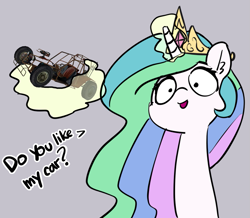 Size: 1189x1037 | Tagged: safe, artist:pabbley, edit, character:princess celestia, species:pony, buggy, car, dialogue, edited edit, female, glowing horn, gray background, half-life 2, horn, initial d, levitation, magic, necc, simple background, solo, telekinesis