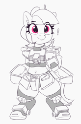 Size: 2255x3413 | Tagged: safe, artist:pabbley, character:rainbow dash, species:pegasus, species:pony, armor, bipedal, clothing, cosplay, costume, cute, dashabetes, ear fluff, exclamation point, female, gundam, high res, mobile suit, partial color, rgm-79n gm custom, semi-anthro, solo