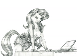 Size: 1400x1030 | Tagged: safe, artist:baron engel, character:starlight glimmer, species:anthro, species:pony, species:unicorn, breasts, clothing, computer, fallout, fallout 4, female, grayscale, gun, laptop computer, mare, monochrome, pencil drawing, samopal vzor 48, shorts, simple background, submachinegun, tank top, traditional art, watching, weapon, white background