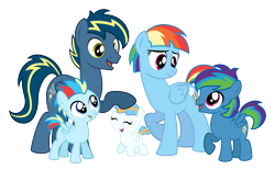 Size: 5141x3189 | Tagged: safe, artist:aleximusprime, character:rainbow dash, oc, oc:lightning flash, oc:misty blitz, oc:storm streak, oc:thunderhead, parent:oc:thunderhead, parent:rainbow dash, parents:canon x oc, species:pegasus, species:pony, alternate hairstyle, canon x oc, colt, family, female, filly, male, offspring, older, older rainbow dash, shipping, simple background, stallion, straight, transparent background