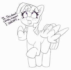 Size: 4474x4400 | Tagged: safe, artist:pabbley, character:twilight sparkle, character:twilight sparkle (alicorn), species:alicorn, species:pony, dialogue, ear fluff, female, floppy horn, horn, mare, monochrome, solo, twilight flopple