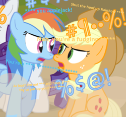 Size: 438x406 | Tagged: safe, artist:dm29, editor:gooeybird, character:applejack, character:rainbow dash, character:rarity, species:earth pony, species:pegasus, species:pony, angry, censored, censored vulgarity, cropped, duo focus, dust cloud, grawlixes, language, looking at each other, vulgar