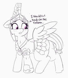 Size: 3499x4016 | Tagged: safe, artist:pabbley, character:iron eagle, species:pony, armor, dialogue, fat ass, female, looking back, mare, monochrome, royal guard, scar, solo, weight gain