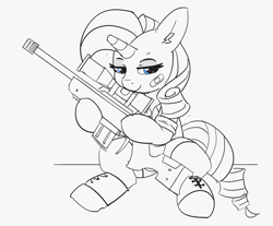 Size: 2767x2287 | Tagged: safe, artist:pabbley, character:rarity, species:pony, species:unicorn, bandaid, female, gun, high res, lidded eyes, mare, monochrome, partial color, sitting, sniper, solo, weapon