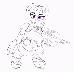 Size: 4957x4819 | Tagged: safe, artist:pabbley, character:twilight sparkle, character:twilight sparkle (alicorn), species:alicorn, species:pony, absurd resolution, armor, bipedal, female, gun, lineart, mare, monochrome, partial color, solo, weapon