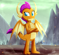 Size: 1871x1742 | Tagged: safe, artist:the-butch-x, character:smolder, species:dragon, crossed arms, dragoness, dreamworks face, female, looking at you, smiling, solo