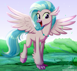 Size: 1871x1742 | Tagged: safe, artist:the-butch-x, character:silverstream, species:classical hippogriff, species:hippogriff, cheerful, claws, cute, diastreamies, excited, female, jewelry, looking at you, necklace, open mouth, pearl necklace, quadrupedal, smiling, solo, spread wings, talons, teenager, unshorn fetlocks, walking, wings