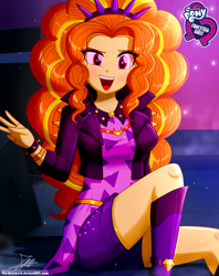 Size: 920x1160 | Tagged: safe, artist:the-butch-x, character:adagio dazzle, episode:find the magic, equestria girls:sunset's backstage pass, g4, my little pony: equestria girls, my little pony:equestria girls, spoiler:eqg series (season 2), adoragio, butch's hello, clothing, cute, equestria girls logo, female, hello x, jacket, legs, looking at you, open mouth, sitting, smiling, solo, spiked wristband, thighs, wristband