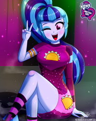 Size: 920x1160 | Tagged: safe, artist:the-butch-x, character:sonata dusk, episode:find the magic, equestria girls:sunset's backstage pass, g4, my little pony: equestria girls, my little pony:equestria girls, spoiler:eqg series (season 2), blushing, butch's hello, clothing, crossed legs, cute, dress, equestria girls logo, female, hello x, legs, looking at you, minidress, one eye closed, open mouth, peace sign, ponytail, sitting, smiling, socks, solo, sonatabetes, taco dress, thighs, wink