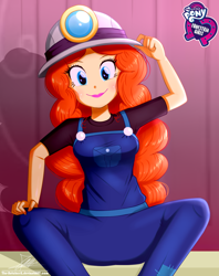 Size: 920x1160 | Tagged: safe, artist:the-butch-x, episode:opening night, g4, my little pony: equestria girls, my little pony:equestria girls, butch's hello, clothing, cute, equestria girls logo, female, golden hazel, hat, hello x, helmet, lipstick, looking at you, mining helmet, overalls, sitting, smiling, solo