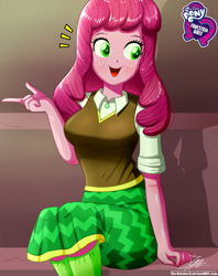 Size: 920x1160 | Tagged: safe, artist:the-butch-x, character:cheerilee, my little pony:equestria girls, breasts, busty cheerilee, butch's hello, cheeribetes, cute, equestria girls logo, female, freckles, hello x, long hair, open mouth, signature, sitting, smiling, solo