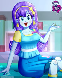 Size: 920x1160 | Tagged: safe, artist:the-butch-x, character:aqua blossom, my little pony:equestria girls, bow, breasts, busty aqua blossom, butch's hello, cute, ear piercing, earring, equestria girls logo, female, hair bow, happy, hello x, jewelry, looking at you, open mouth, piercing, signature, sitting, smiling, solo